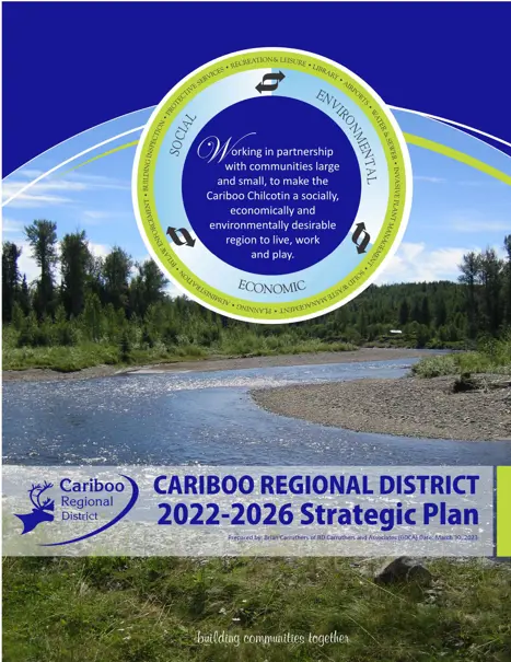 A river flowing through a forest. The Cariboo regional district logo is shown in the foreground of the image.